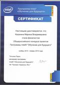 Сертификат программы Intel "Обучение для будущего", как финалисту  Общероссийского конкурса проектов.
ноябрь 2013 - январь 2014г